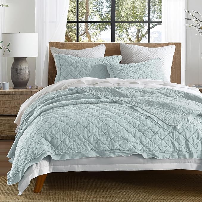 HORIMOTE HOME 100% Linen Front/100% Cotton Back Quilt Set King Size, Paleturquoise Pre-Washed European Flax Linen Quilt, Diamond Stitch Bedspread Coverlet Bedding Set 3-Piece for All Seasons
