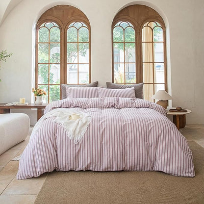 Striped Duvet Cover Set 100% Washed Cotton Linen Like Soft Feelling Breathable Bedding(Dusty Purple,Twin)