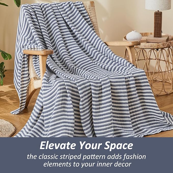 EMME Cotton Muslin Twin XL Blanket Breathable Gauze Soft Lightweight Adults Gifts for Women (Striped Navy, 66"x90")