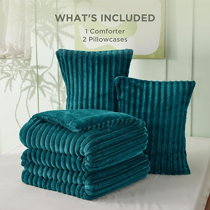 Bedsure Full Size Comforter Sets - GentleSoft™ 3 Pieces Double-Side Fleece Fluffy Teal Comforter Set, Cozy Striped Room Decor Aesthetic, Luxury Full Size Bedding, 2 Pillowcases, 82x86 Inches