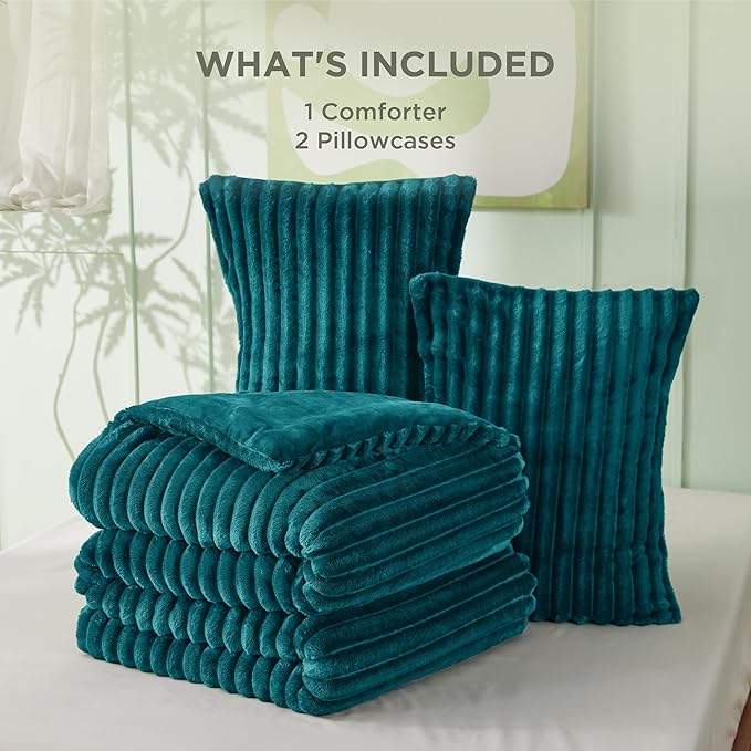 Bedsure Comforter Set Queen Size - GentleSoft™ 3 Pieces Double-Side Fleece Fluffy Teal Comforter Set, Cozy Striped Room Decor Aesthetic, Luxury Bedding Queen Size, 2 Pillowcases, 90x90 Inches