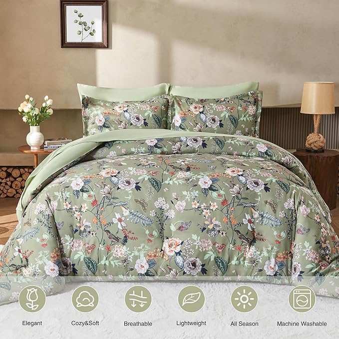 7 Piece King Comforter Set, Sage Green Butterfly Floral Comforter Set with Flowers Leaves Pattern, Soft Microfiber Complete Bedding Set for All Season(Sage Green, King)