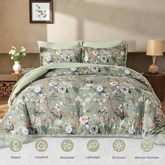7 Piece King Comforter Set, Sage Green Butterfly Floral Comforter Set with Flowers Leaves Pattern, Soft Microfiber Complete Bedding Set for All Season(Sage Green, King)