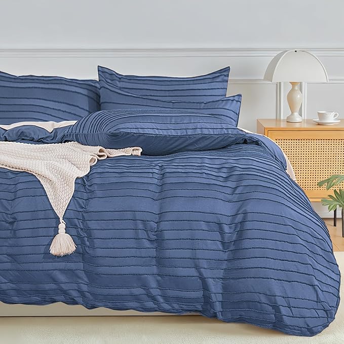 NEXHOME PRO Duvet Cover King,3 Pieces Boho Tufted Duvet Cover Set, Soft and Lightweight 100% Washed Microfiber Comforter Cover Set for All Season(Sea Blue,104 x 90)-No Comforter