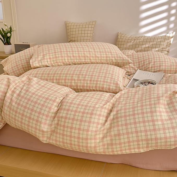 Pink Plaid Duvet Cover Gingham Bedding Set Full 100% Cotton Muslin Vintage Plaid Checkered Comforter Cover Linen Like Breathable Gauze Duvet Cover with 2 Pillowcases Farmhouse Grid Bedding Set Full