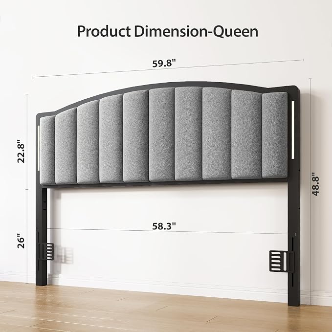 Headboard for Queen Size Bed with LED Lights, Upholstered Vertical Channel Tufting Head Boards, Linen Fabric Bed Headboard Only, Attach Frame, Ideal for Bedroom, Dorm, Guest Room, Grey