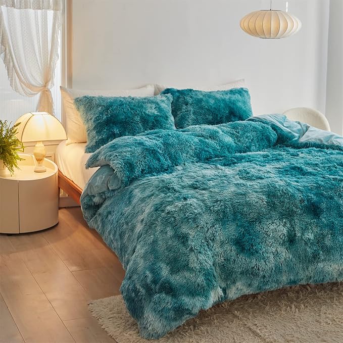 Wajade Faux Fur Plush White Comforter Set Fluffy Fuzzy Shaggy Bedding Set - 3PC Full/Queen Microfiber Soft Warm Quilt Set (Tie Dye Teal, King)