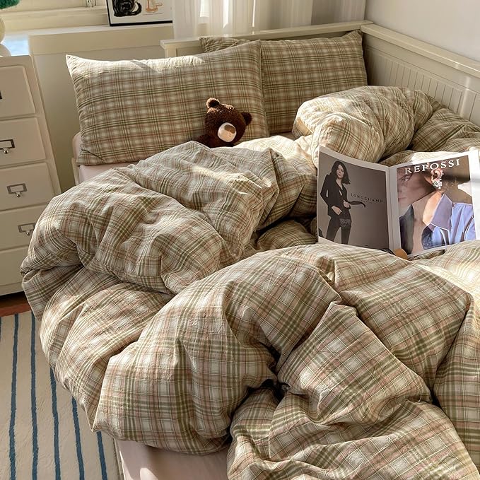 mixinni Queen Duvet Cover Set - 3 Piece Washed Cotton Vintage Geometric Plaid Bedding Set with Zipper Closure, Soft & Breathable Green Pink White Buffalo Check Pattern for All Seasons