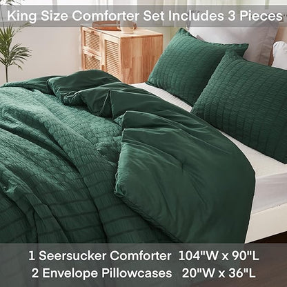 AveLom Dark Green Seersucker King Comforter Set (104x90 inches), 3 Pieces-100% Soft Washed Microfiber Lightweight Comforter with 2 Pillowcases, All Season Down Alternative Comforter Set for Bedding