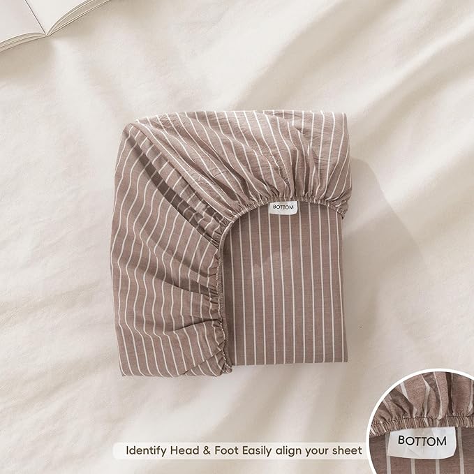 MooMee Stripes Fitted Bottom Sheet Only 100% Washed Cotton Linen Like Textured Breathable Durable Soft Comfy Deep Pocket (Orange White Wide Stripes, King)