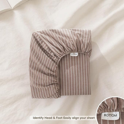 MooMee Stripes Fitted Bottom Sheet Only 100% Washed Cotton Linen Like Textured Breathable Durable Soft Comfy Deep Pocket (Orange White Wide Stripes, King)