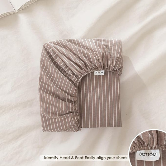 MooMee Stripes Fitted Bottom Sheet Only 100% Washed Cotton Linen Like Textured Breathable Durable Soft Comfy Deep Pocket (Orange White Wide Stripes, King)