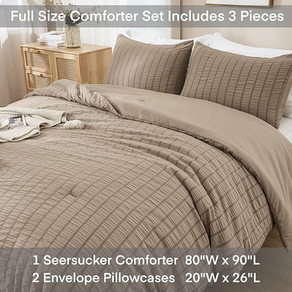 AveLom Taupe Seersucker Full Comforter Set (80x90 inches), 3 Pieces-100% Soft Washed Microfiber Lightweight Comforter with 2 Pillowcases, All Season Down Alternative Comforter Set for Bedding