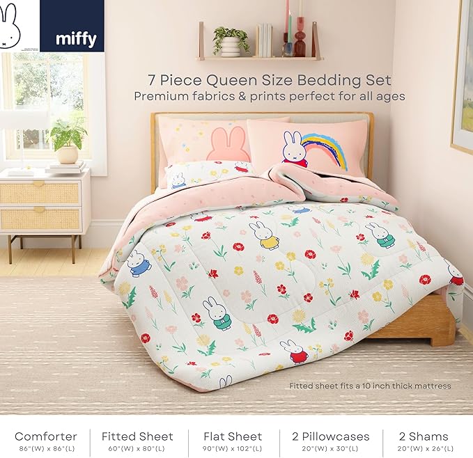 Miffy Bedding Set, Queen Size 7-Piece Super Soft Fluffy Reversible Comforter & Sheet Set with Sham, (100% Officially Licensed Product) By Franco Collectibles