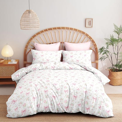 Nayoroom Pink Bow Comforter Set Queen Size White Green Leaf Floral Comforter 3 Pieces Girls Soft Lightweight Cute Coquette Bedding Set for All Seasons