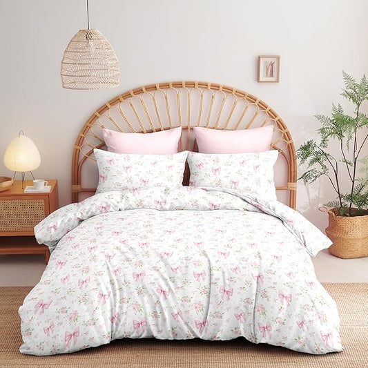 Nayoroom Pink Bow Comforter Set Full Size White Green Leaf Floral Comforter 3 Pieces Girls Soft Lightweight Cute Coquette Bedding Set for All Seasons