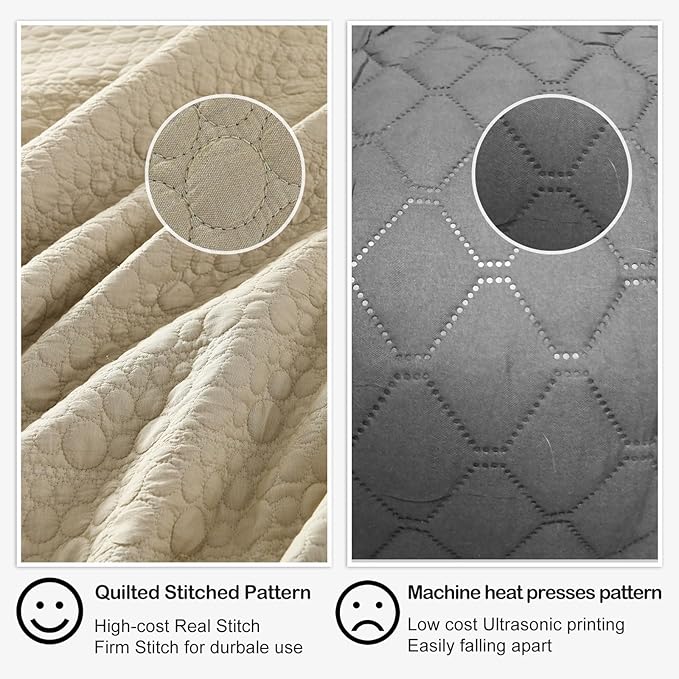 HORIMOTE HOME Quilt Set King Size Brich Beige, Classic Geometric Spots Stitched Pattern, Pre-Washed Microfiber Chic Rustic Look, Ultra Soft Lightweight Quilted Bedspread for All Season, 3 Pieces