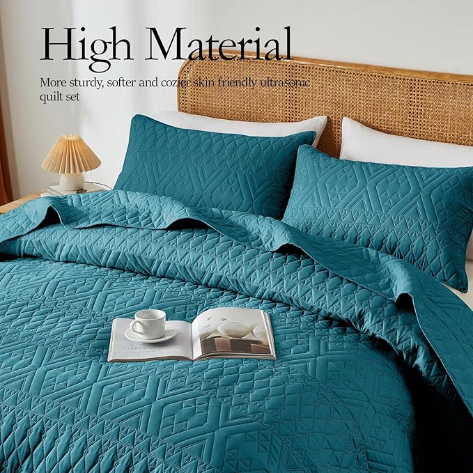 akkialla Twin Quilt Set, Teal Lightweight Microfiber Bedspread Coverlet, Boho Geometric Pattern, Soft All-Season Bedding, 2-Piece (1 Quilt, 1 Pillow Sham) | Breathable fabric, Modern style