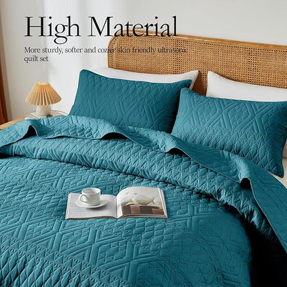 akkialla Twin Quilt Set, Teal Lightweight Microfiber Bedspread Coverlet, Boho Geometric Pattern, Soft All-Season Bedding, 2-Piece (1 Quilt, 1 Pillow Sham) | Breathable fabric, Modern style