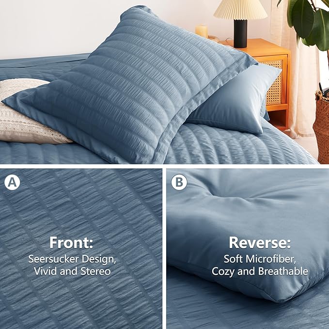 CozyLux Queen Comforter Set Grayish Blue Seersucker 7 Pieces Bed in a Bag Queen Comforter Set with Sheets, Dusty Blue Luxury Bedding Sets with Down Alternative Comforter, Sheets, Pillowcases & Shams