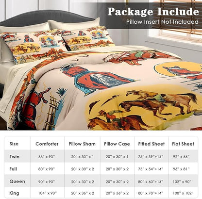 Comforter Set Twin Size, Western Cowboy Retro 5 Pcs Bedding for Kids and Adults, Vintage Horse Cowgirl Bed Sheet Sets with Fitted Sheet Pillowcase & Sham for Bedroom Bed Decor