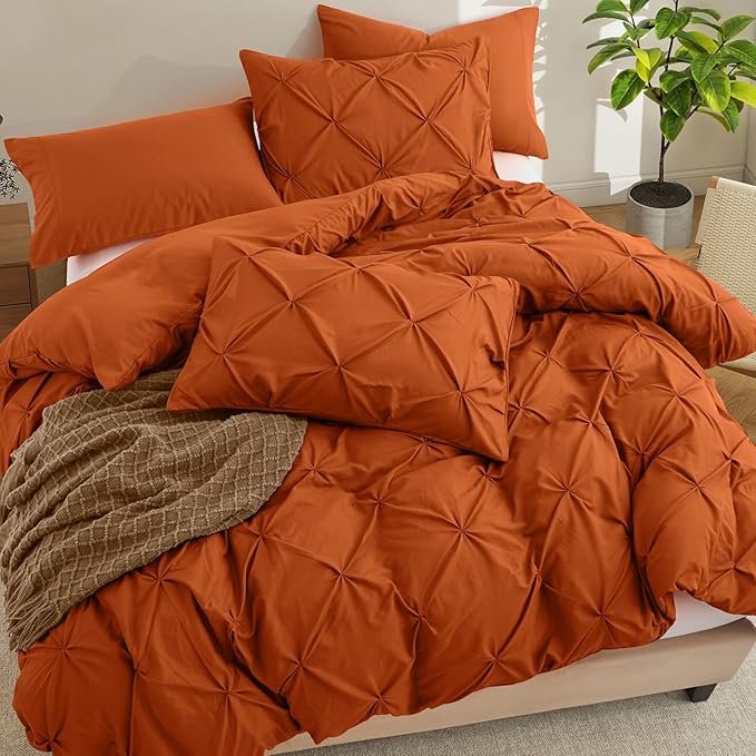 VACVELT 5 Piece Pinch Pleated Duvet Cover Full/Queen Size Set, Burnt Orange Pintuck Duvet Cover with Zipper & 8 Ties, Shabby Chic Microfiber Duvet Cover + 2 Pillow Shams + 2 Pillowcases, No Comforter