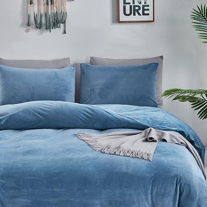 Houseri Velvet Blue Comforter Set Queen Light Bedding Fluffy Dusty Flannel Sets Furry Lake Sherpa Comforters Warm Fuzzy Blanket Queen(90''*90''-Comforter)