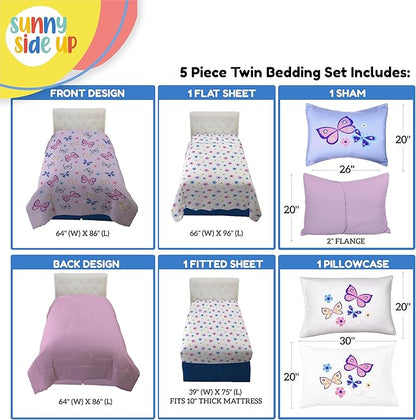 Sunny Side Up Butterfly Twin Comforter Set - 5 Piece Kids Bedding Includes Comforter, Sheets & Pillow Cover - Super Soft Purple Floral Microfiber Bed Set