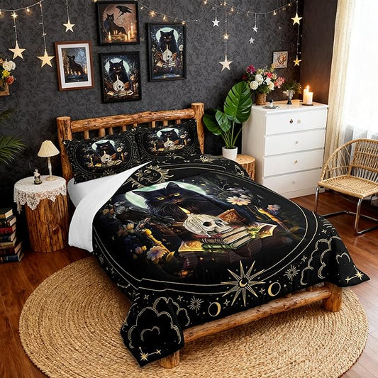 Trippy Cat Comforter Set Queen Size,Sun and Moon Kids Bedding Set Gothic Sugar Skull Crow Print Quilt Set for Girls Boys Adult Room Decor,Exotic Daisy Floral Duvet Insert,2 Pillowcases,Black