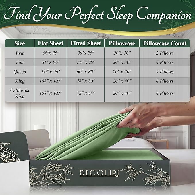 DECOLURE 100% Viscose Derived from Bamboo Sheets Queen Size - Luxury 6 Pc Naturally Cooling Sheets, Ultra Soft Bed Set - Deep 17" Pockets, Durable Double Stitching, Oeko Tex Standard (Sage Green)