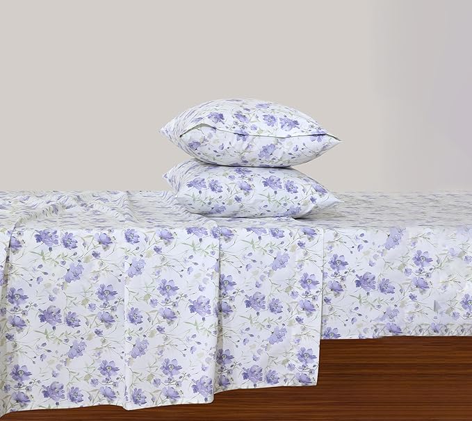 Feather & Stitch Softest 100% Cotton Sheets, 300 Thread Count Percale Weave Bedding, 16" Deep Pocket, Cooling Sheets, Breathable Bed Set, Hotel Premium Quality (King, Violet Breeze)