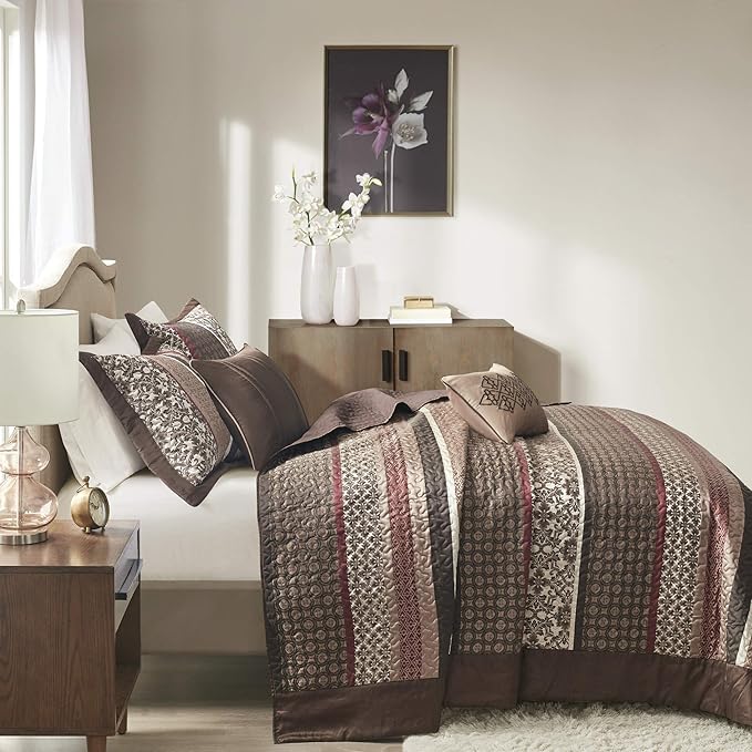 Madison Park Princeton Reversible Quilted Bedspread Set, Solid Reverse Summer Breathable, Lightweight All Season Bedding Layer, Matching Shams, Bedspread Queen(102"x118"), Red 5 Piece