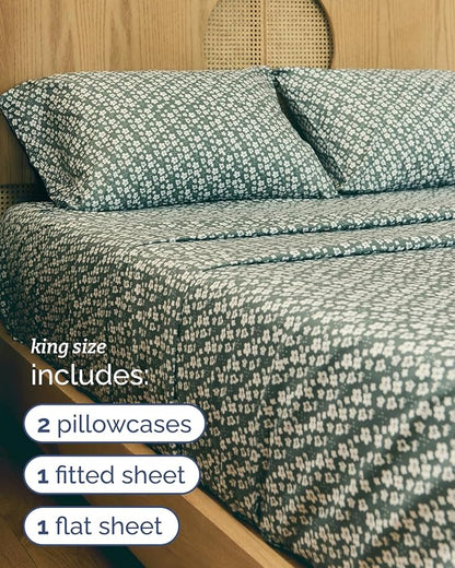 Floral Sheets - Green Floral Bed Sheet Set - 1 Flat, 1 Fitted & 2 Pillowcases w/ Deep Pockets - Comfy, Wrinkle & Fade Free - Boho Botanical Bedding - Ultra-Soft, Breathable & Cooling - King Size Set