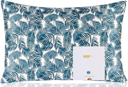 ZIMASILK 100% Pure Mulberry Silk Pillowcase for Hair and Skin Health,Both Sides 19 Momme Silk Floral Print,1pc (Standard 20''x26'',Blue Leaves)