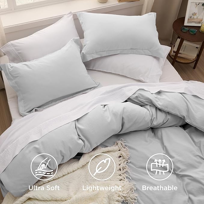 Bedsure Light Grey Duvet Cover Queen Size - 3 Pieces Prewashed Cotton-Like Extra Soft Bedding Set, Includes 1 Duvet Cover 90x90 Inches with Zipper Closure & 2 Pillow Shams, Comforter Not Included
