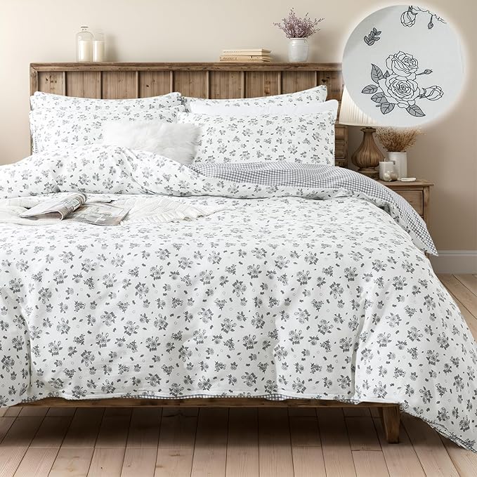 FADFAY Floral Duvet Cover Set King/Cal King Size 100% Cotton Grey White Flower Comforter Cover Soft Breathable Girls Bed Cover Farmhouse Bedding with Hidden Zipper 3 Pcs, King/Cal King