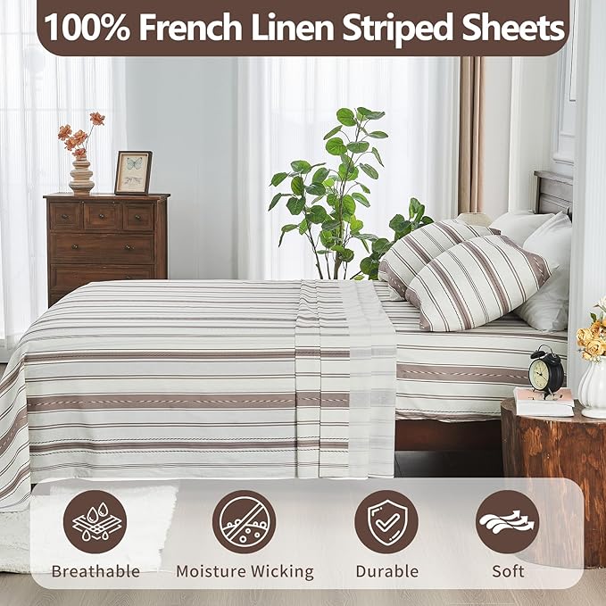 100% Linen Sheets King Size,Breathable & Durable 4-Piece Bed Flax Stripes Sheet Set,Soft All-Season Bedding for Hot Sleepers 16" Deep Pocket Oeko-TEX Certified,（King, Brown Stripes）