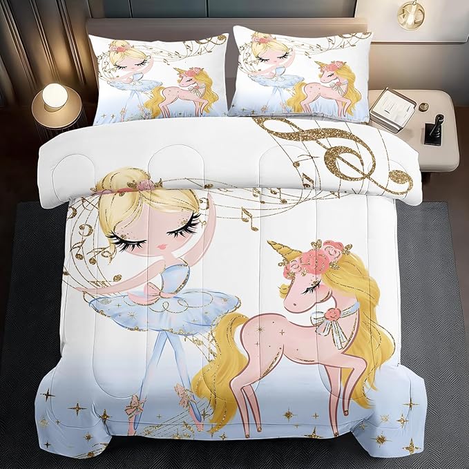 Golden Unicorn Girls Comforter Set King Kawaii Unicorn Bedding Set KingCute Horse Comforter Girls Bedroom Decor White Animal Print Bedding Bed Decor Animal Print Quilt