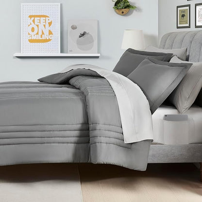 Queen Comforter Set Quilted Stripe Bedding Bundle – Comforter, Mattress Protector, Sheets with Pockets on the Side & Built-in Corner Strap – Fitted Sheet Media Pocket for Devices, Gray/Silver