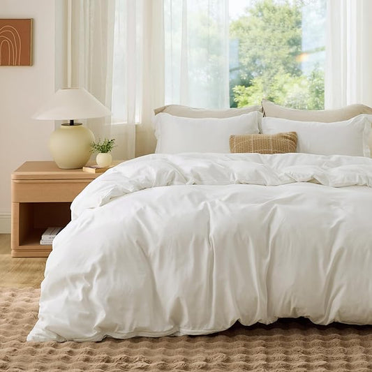 Bedsure Duvet Cover Queen Size - Soft Double Brushed Bedding Set for Kids & Adults, Zipper Closure, 3 Pieces, Includes 1 Duvet Cover (90"x90") & 2 Pillow Shams, NO Comforter, Cream White