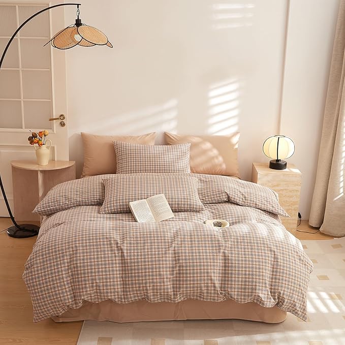 Plaid Comforter Set Full Washed Cotton Down Alternative Bedding Set Vintage Farmhouse Fluffy Boho Bedding Comforter Sets Neutral Soft All Season Rustic Bed Comforter with 2 Pillowcases