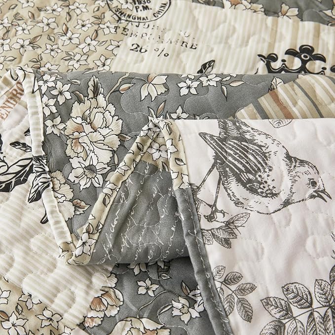 Cmfshape Floral Quilt Queen,3-Pcs Bird Pattern Queen Set,Lightweight Bedspread for Size Bed,Grey Plaid Farmhouse Reversible Bed All Season,Country Quilted Blanket(Grey&White Queen90”x90”)