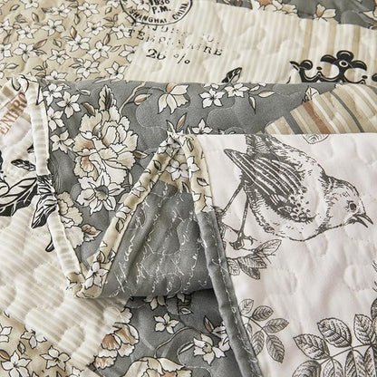 Cmfshape Floral Quilt Queen,3-Pcs Bird Pattern Queen Set,Lightweight Bedspread for Size Bed,Grey Plaid Farmhouse Reversible Bed All Season,Country Quilted Blanket(Grey&White Queen90”x90”)