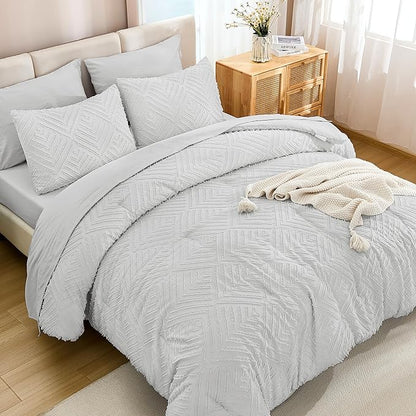 Andency Oversized King Size Comforter Set with Sheets Light Grey - 7 Pieces Bed in a Bag Oversized King Boho Tufted Lightweight Bedding Sets with Comforter, Sheets, Pillowcases & Shams