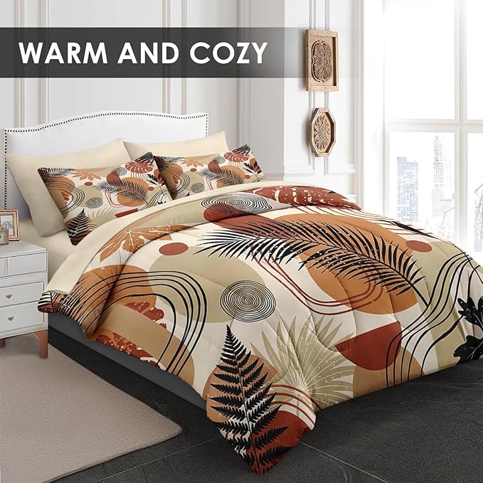 Comforter Set Full Size, Boho Tropical Leaves Beige 7 Pcs Bedding for Kids and Adults, Bohemian Retro Flower Bed Sheet Sets with Fitted Sheet 2 Pillowcase & 2 Sham for Bedroom Bed Decor