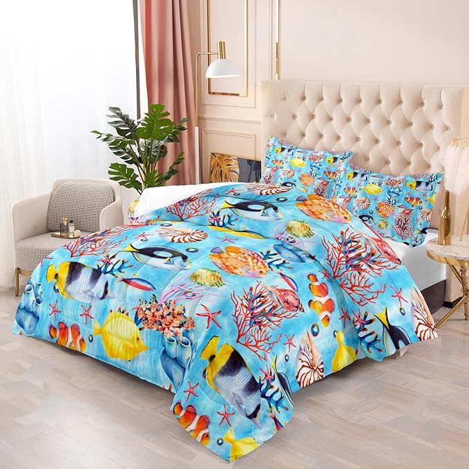 3 Piece Ocean Bedding Set,Blue Full Comforter Set for Boys Teens Girls,Tropical Fish Marine Life Quilt With 2 Pillowcase,Lightweight All Seasons Duvet Insert, Down Alternative Bed Comforter Set