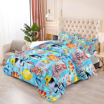 3 Piece Ocean Bedding Set,Blue Full Comforter Set for Boys Teens Girls,Tropical Fish Marine Life Quilt With 2 Pillowcase,Lightweight All Seasons Duvet Insert, Down Alternative Bed Comforter Set
