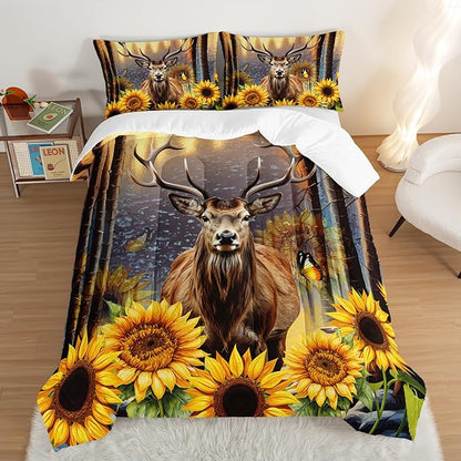 Deer Bedding Sets for Kids Boys Girls Room Decor,Hunting Themed Forest Sunflower Bedding Comforter Sets,Western Comforter Sets Woodland Camo Queen Bedding Set with 2 Pillowcases.
