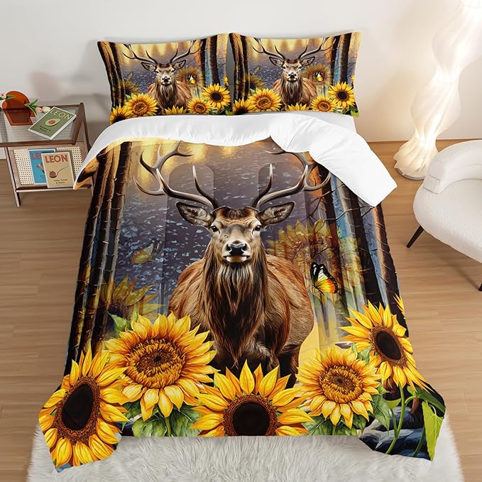 Deer Bedding Sets for Kids Boys Girls Room Decor,Hunting Themed Forest Sunflower Bedding Comforter Sets,Western Comforter Sets Woodland Camo King Bedding Set with 2 Pillowcases.
