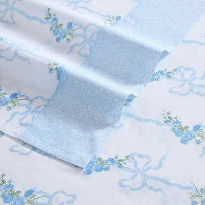 Laura Ashley - Full Sheet Set, Crisp & Cool Cotton Percale Bedding with Deep Pockets, Lightweight for Year Round Comfort, Bed Sheets with Matching Pillowcases (Floral Ribbon Blue)